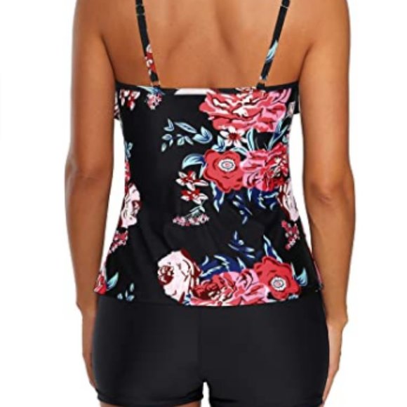 Black and Red Floral Print Two Piece Sporty Swimwear - Picture 3 of 3